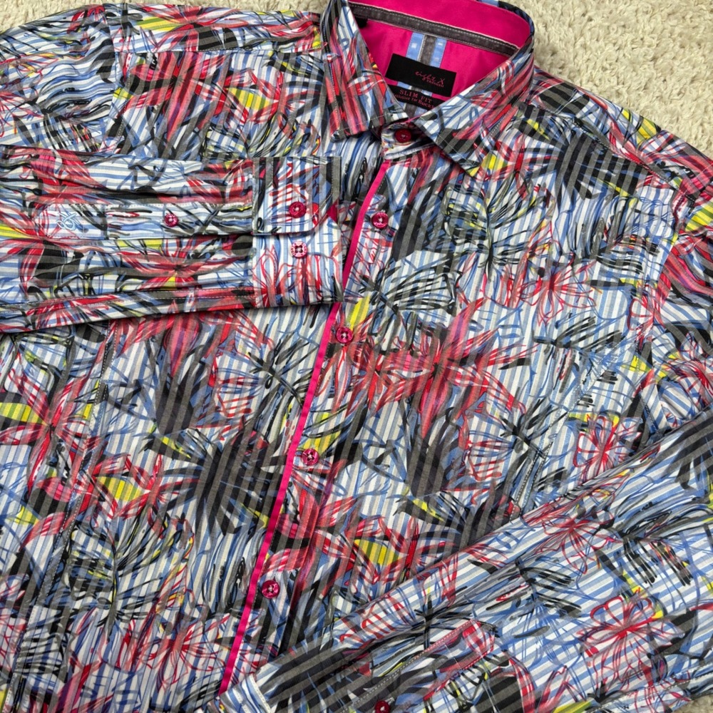 Eight X Floral Striped Button Down Mens Large Multi Slim Fit Buckle Exclusive